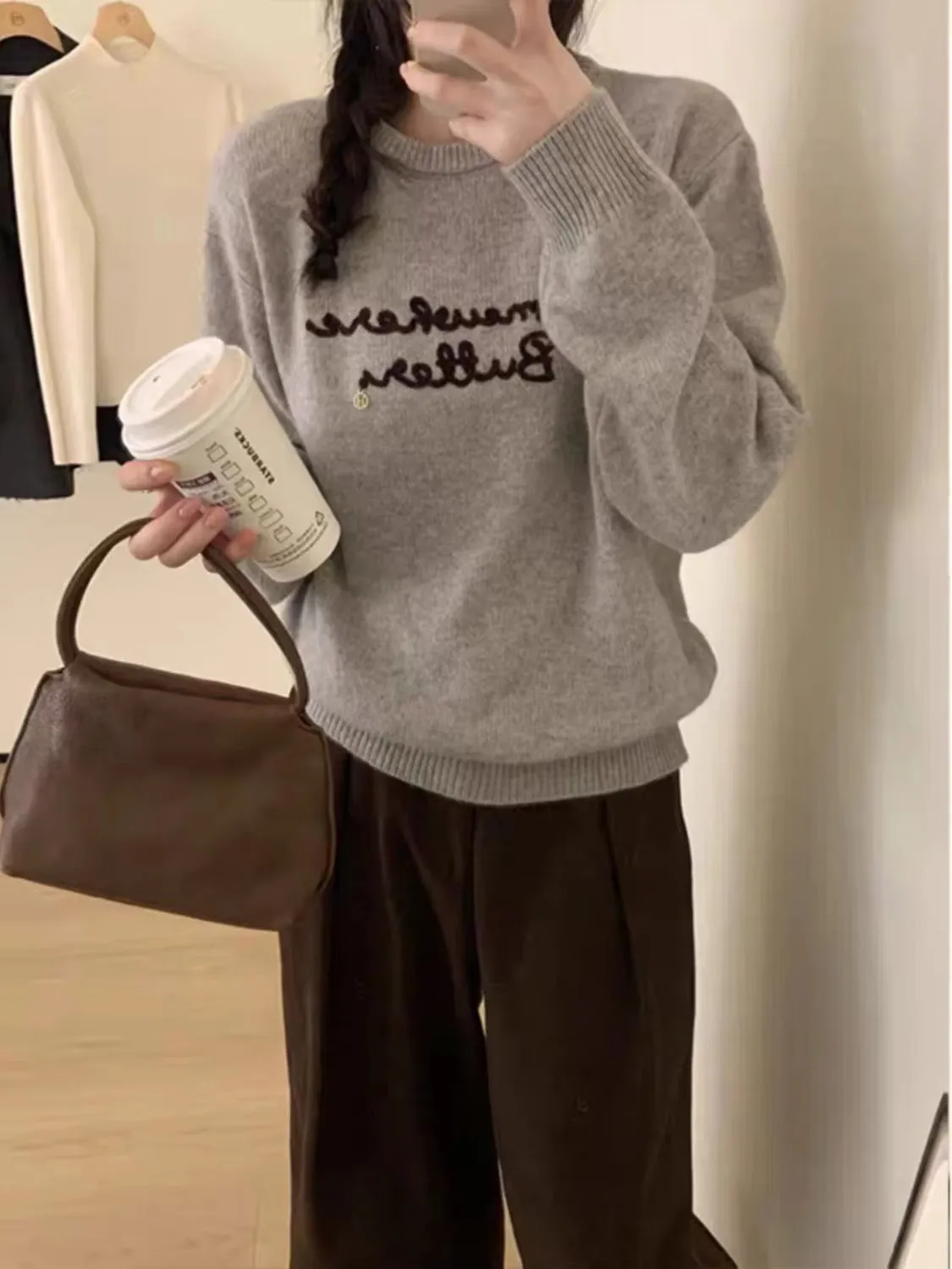 Embroidery Pink Sweater Women Pullovers O Neck Loose Knitwear Jumper Female Korean Popular Clothes Soft Sweater Tops