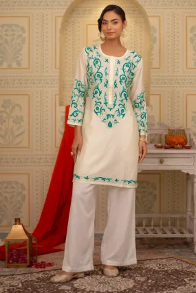 Falak Kashmiri Long Kurta In Chanderi Silk With Turquoise Blue Embroidery