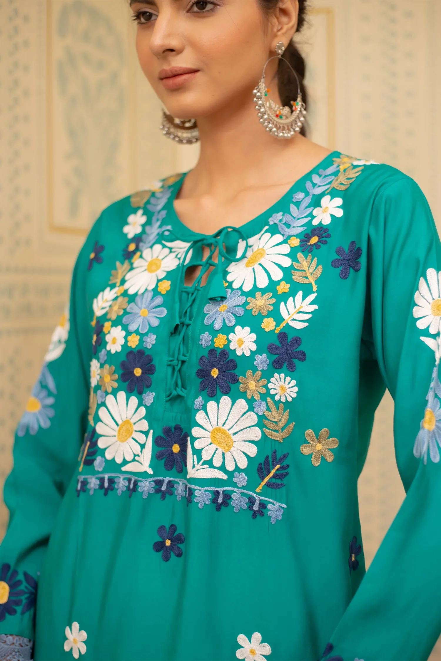 Falak Kashmiri Long Kurta In Turquoise Blue Muslin With Aari