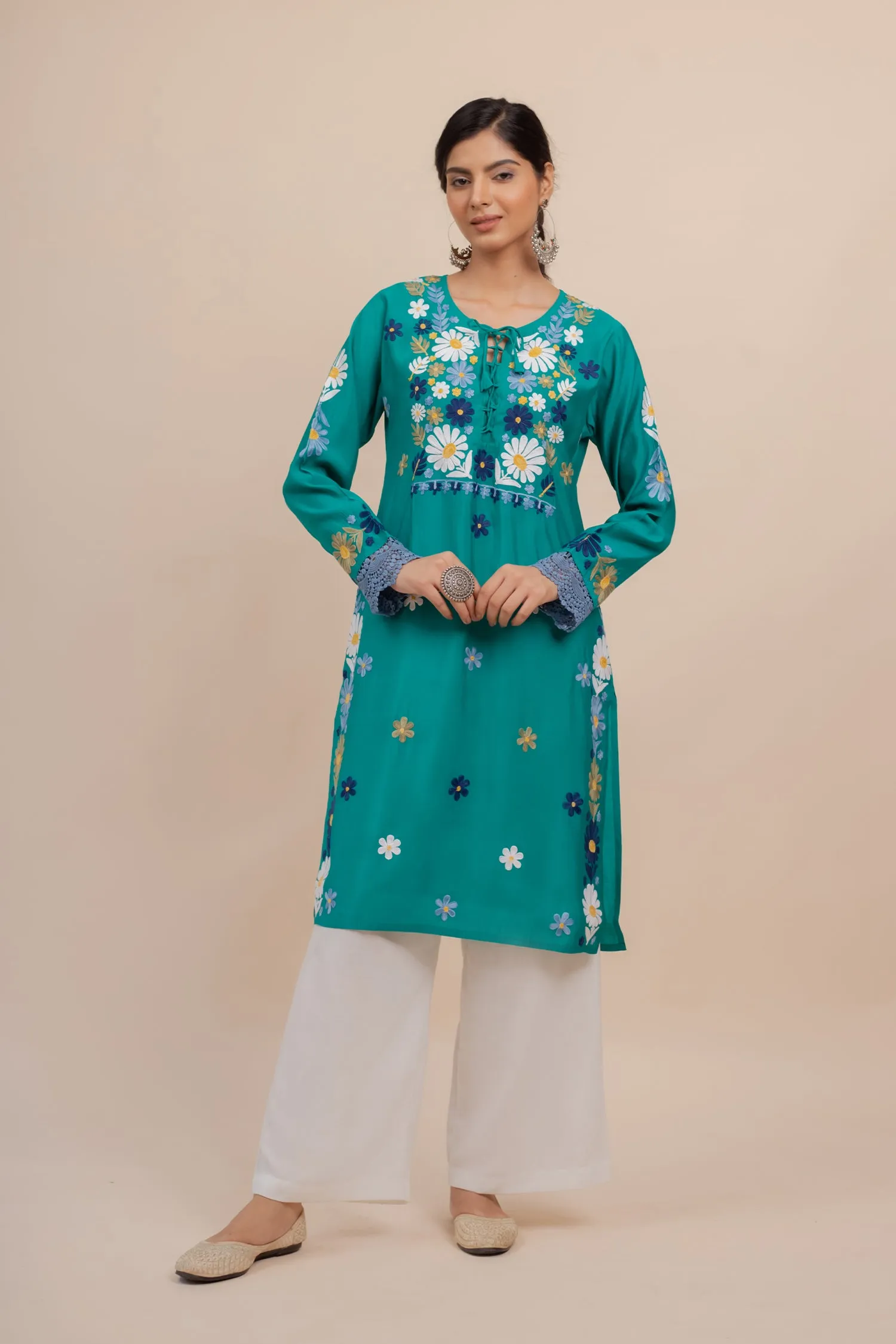 Falak Kashmiri Long Kurta In Turquoise Blue Muslin With Aari