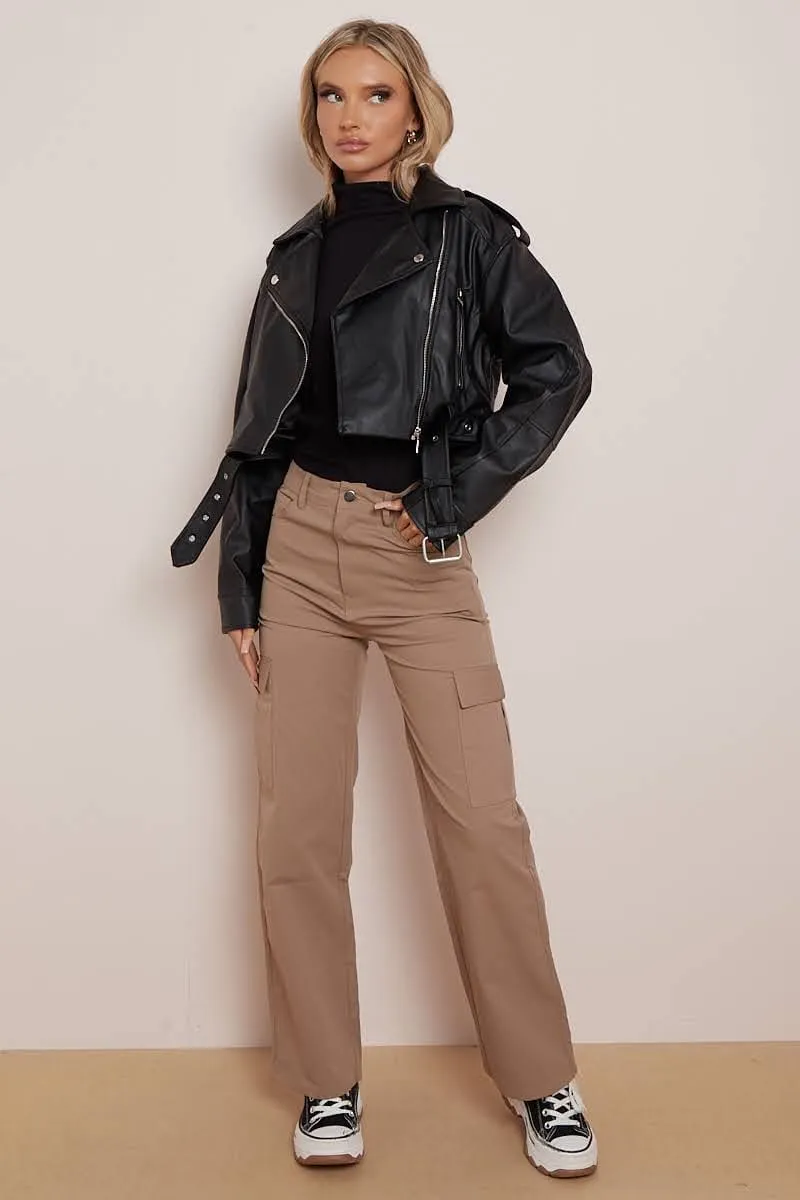 FAUX LEATHER BELTED ZIP UP BIKER JACKET