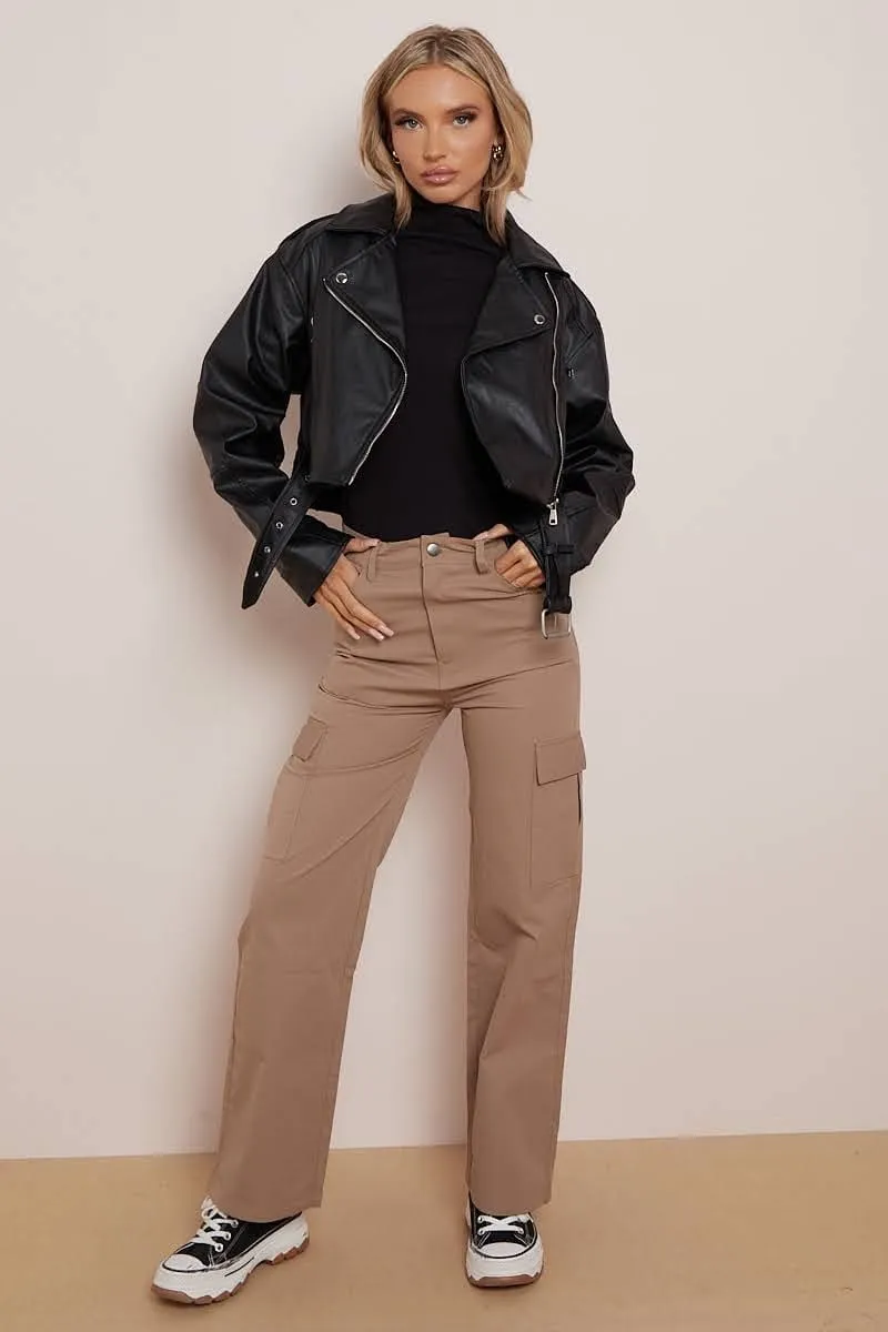 FAUX LEATHER BELTED ZIP UP BIKER JACKET