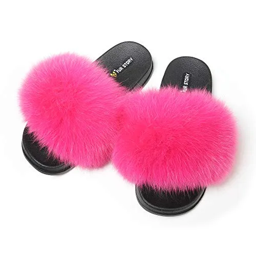 Fur story women's fluffy fox fur sandals open-toed leather slippers