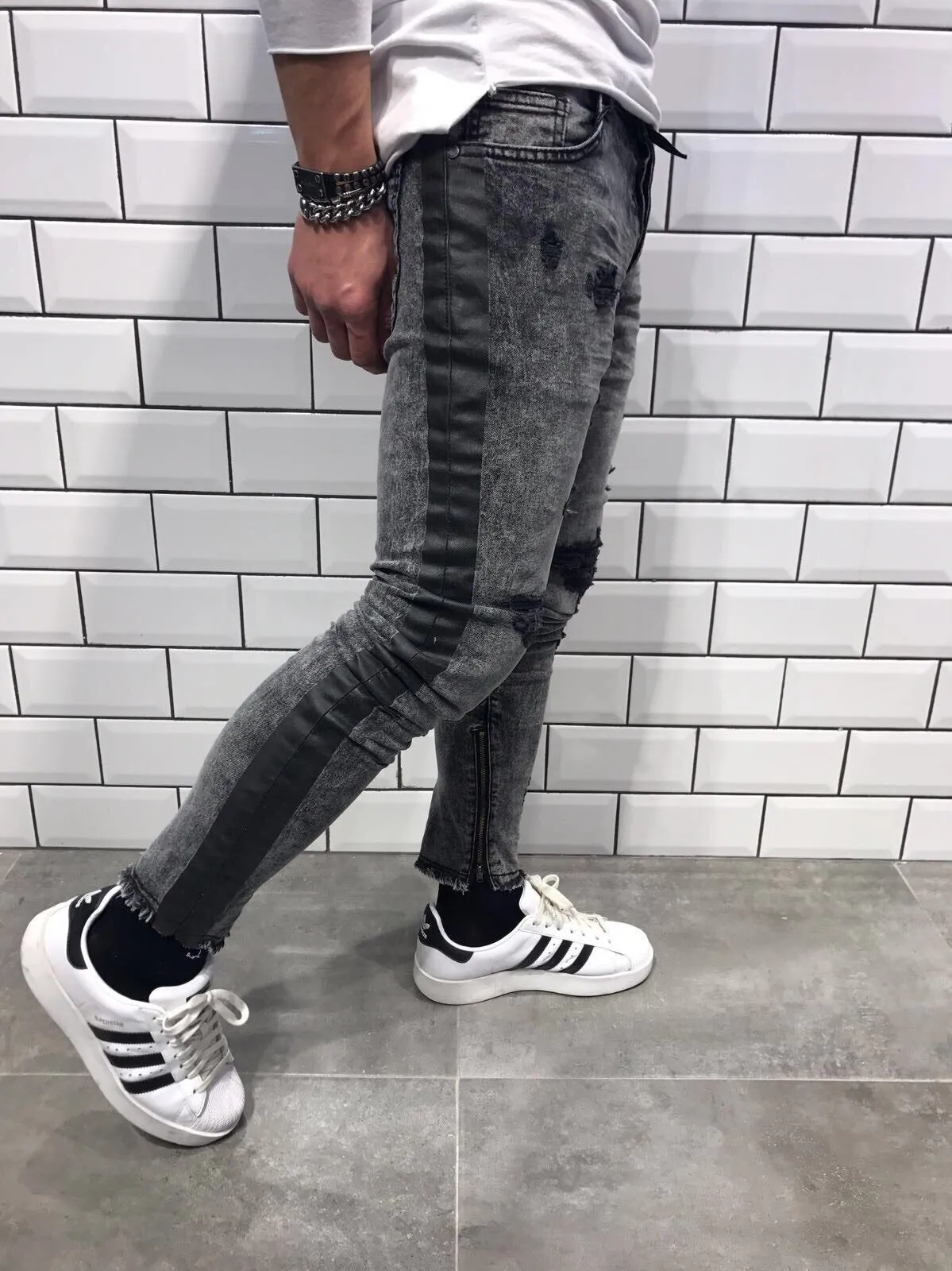 Gray Striped Damaged Slim Fit Jeans B11 Streetwear Jeans