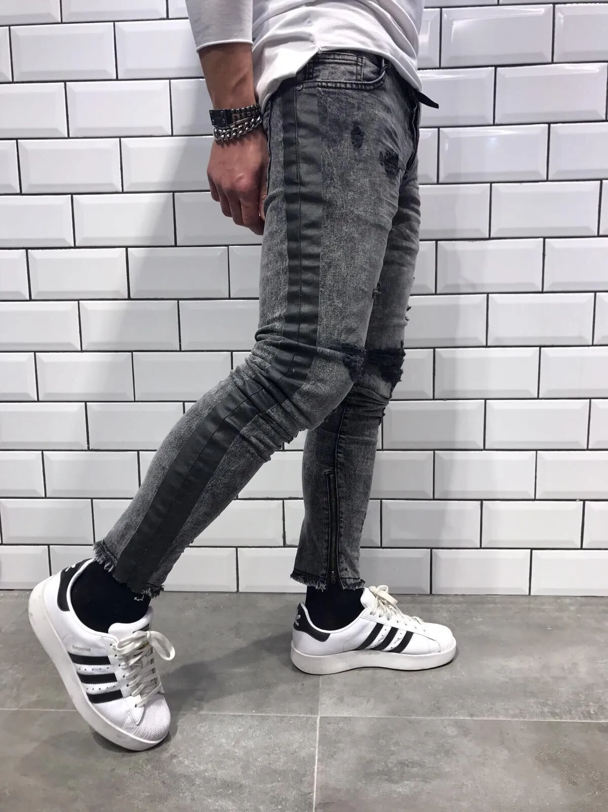 Gray Striped Damaged Slim Fit Jeans B11 Streetwear Jeans