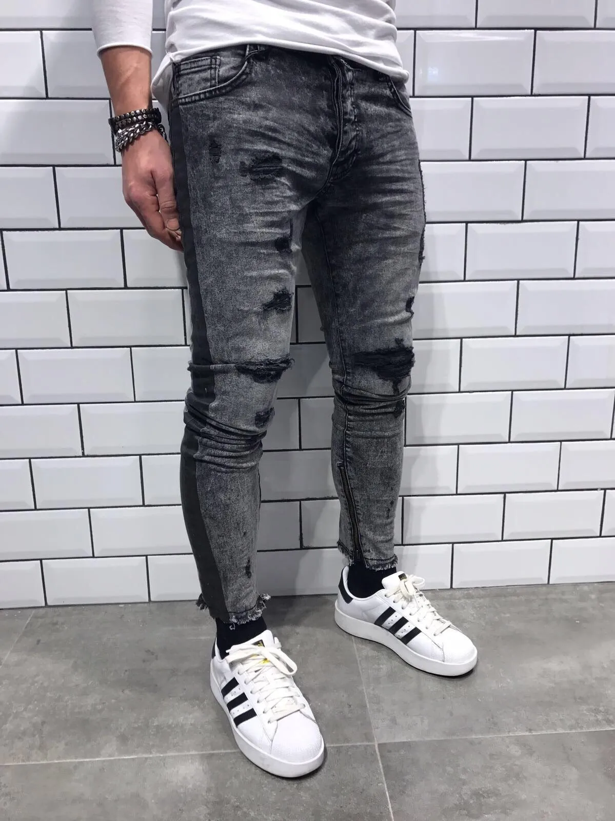 Gray Striped Damaged Slim Fit Jeans B11 Streetwear Jeans