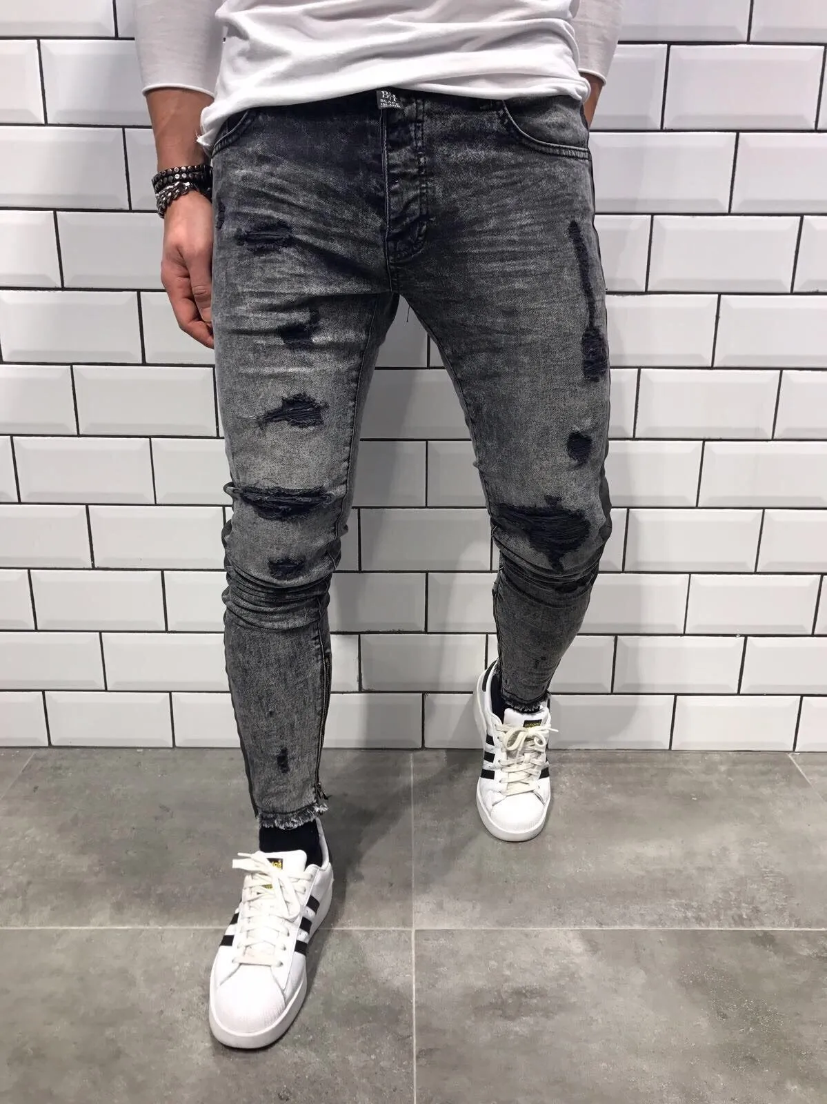 Gray Striped Damaged Slim Fit Jeans B11 Streetwear Jeans