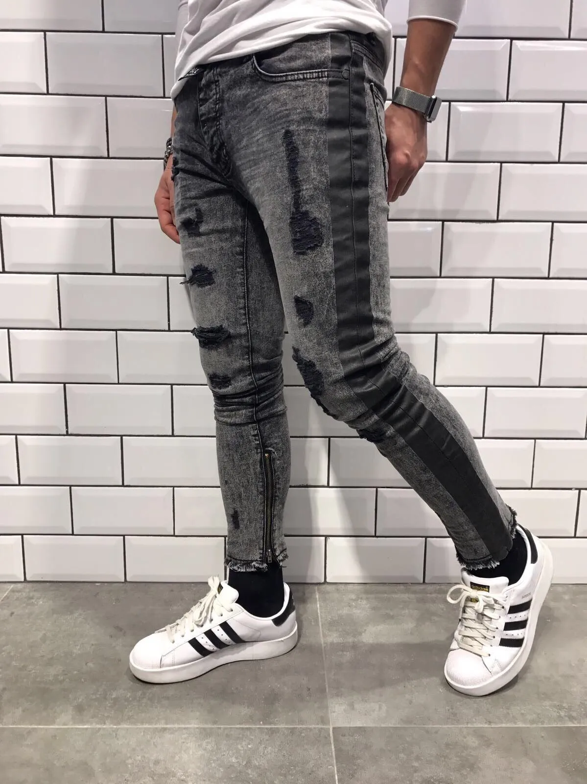 Gray Striped Damaged Slim Fit Jeans B11 Streetwear Jeans