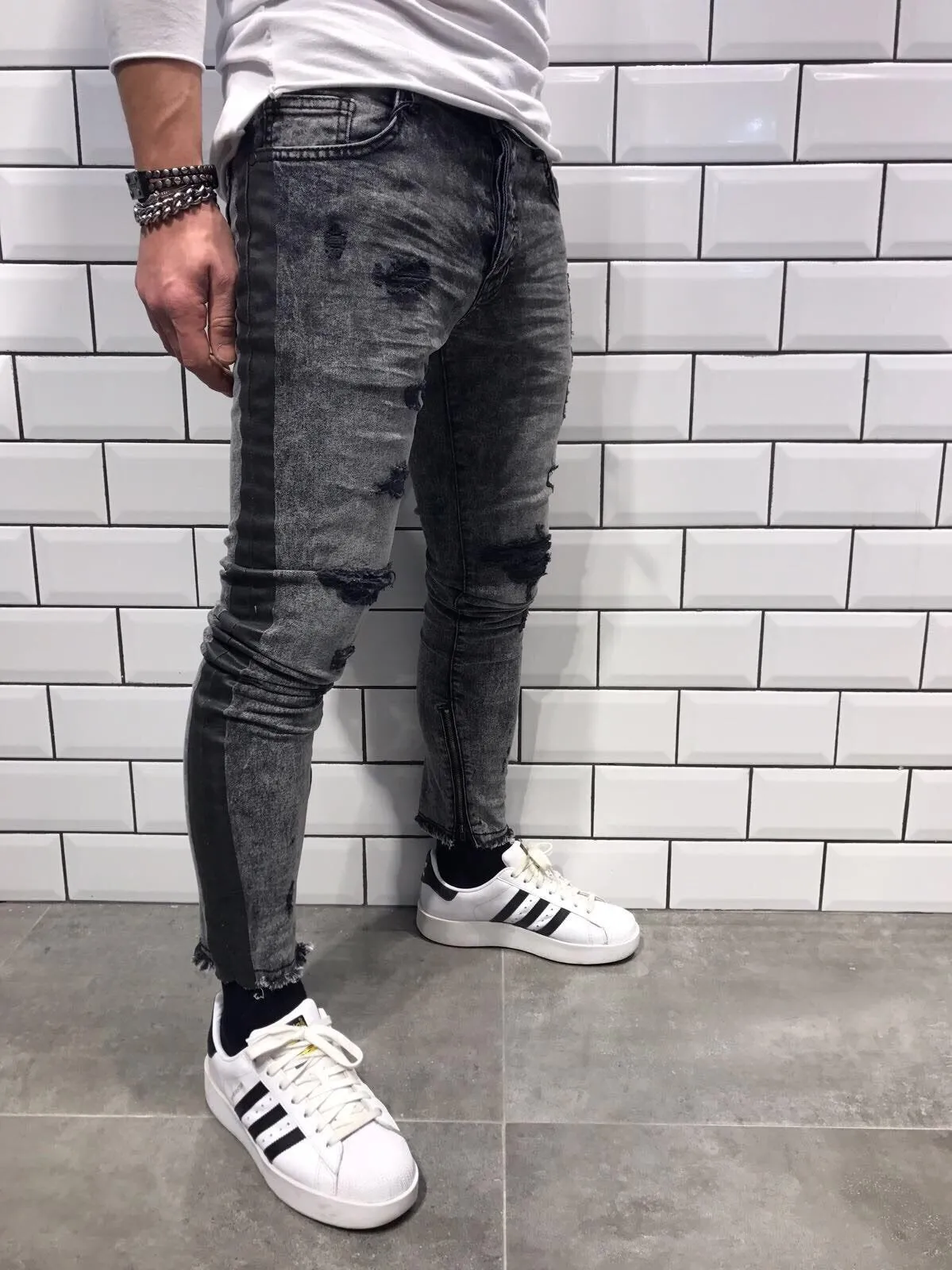 Gray Striped Damaged Slim Fit Jeans B11 Streetwear Jeans