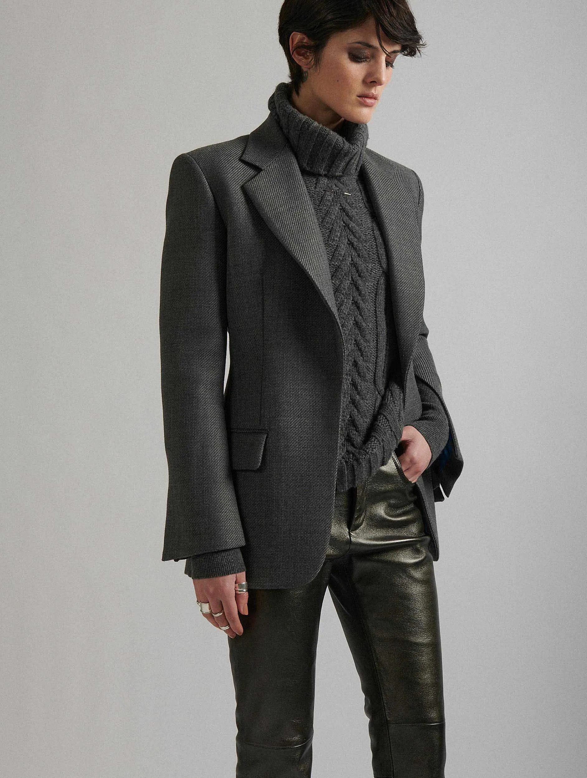 Grey whipcord suit jacket with zipped sleeves