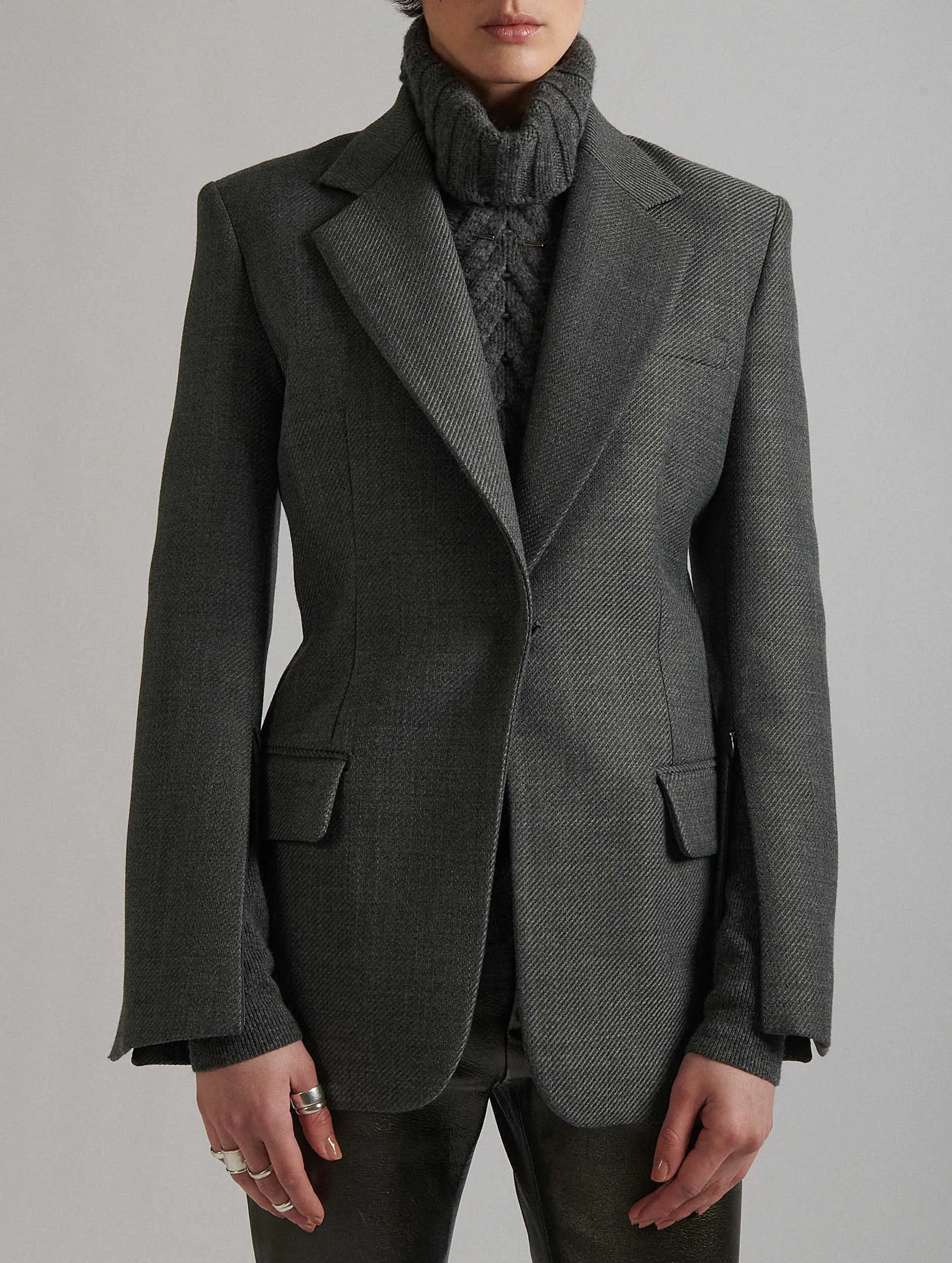 Grey whipcord suit jacket with zipped sleeves