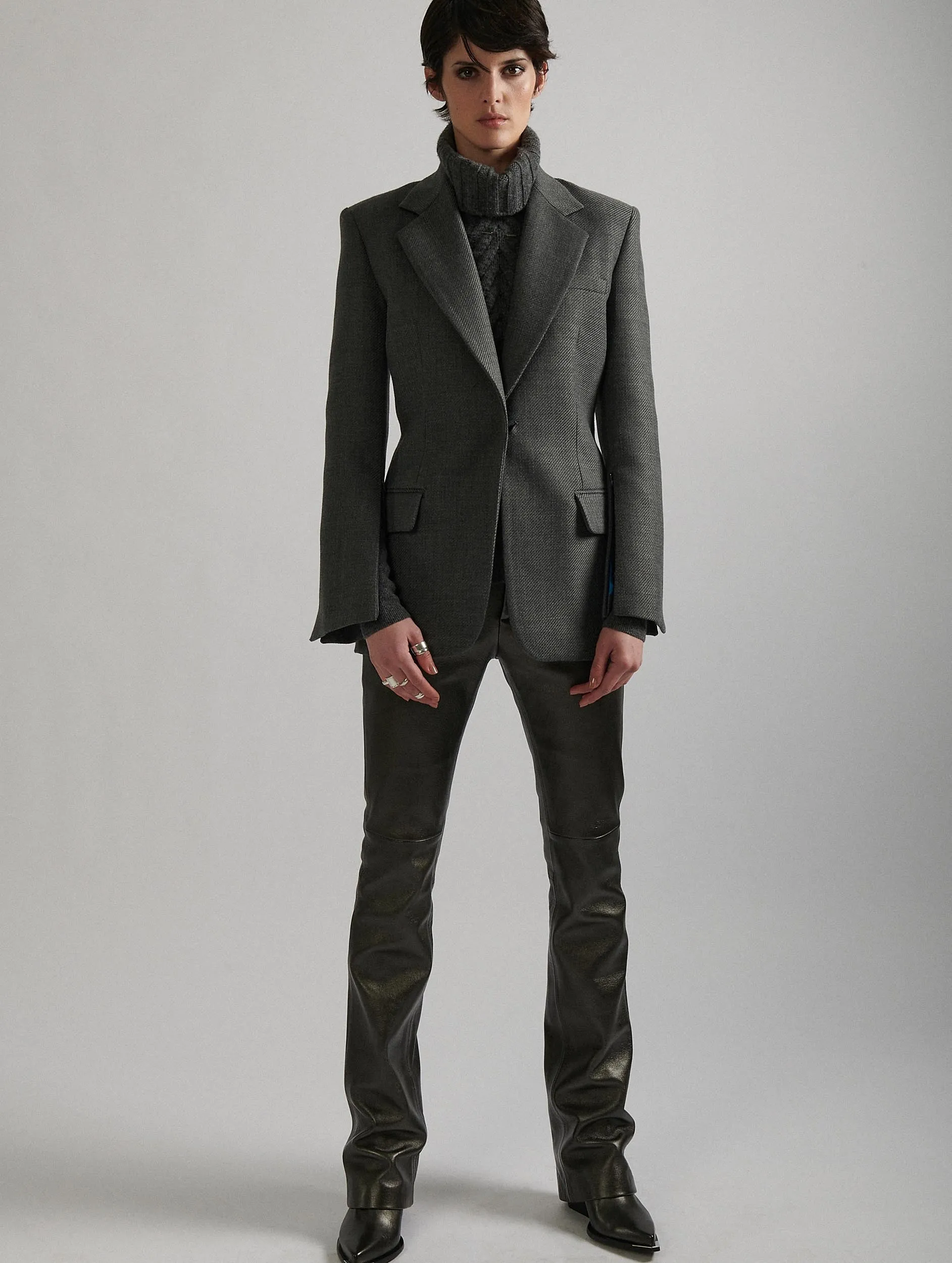 Grey whipcord suit jacket with zipped sleeves