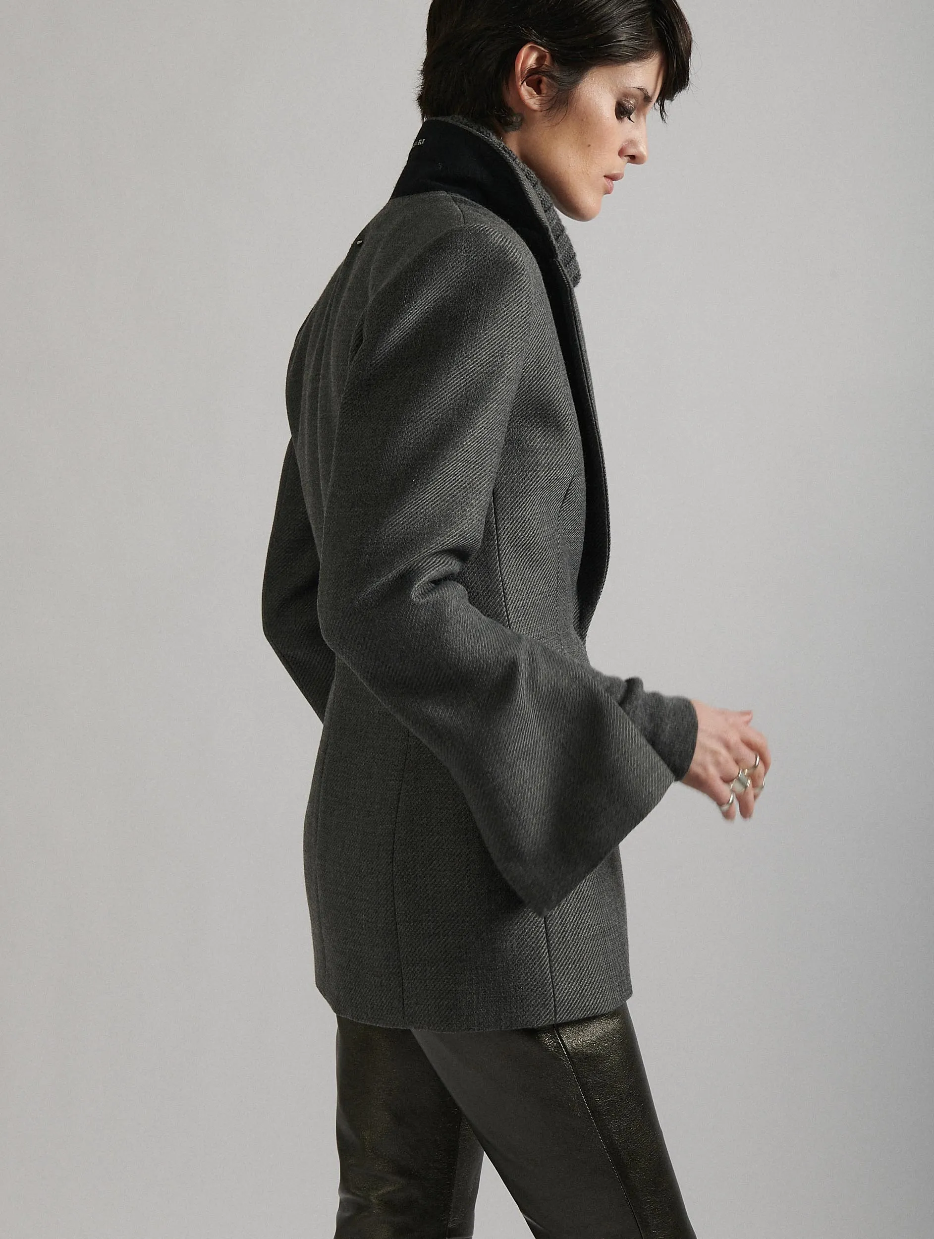 Grey whipcord suit jacket with zipped sleeves