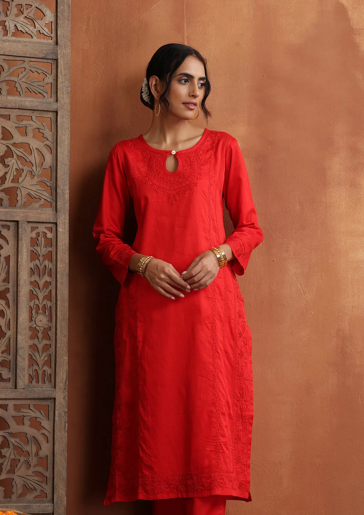 Jaam Silk Chikankari Solid Women's 2 PC Long Kurta Set - Red