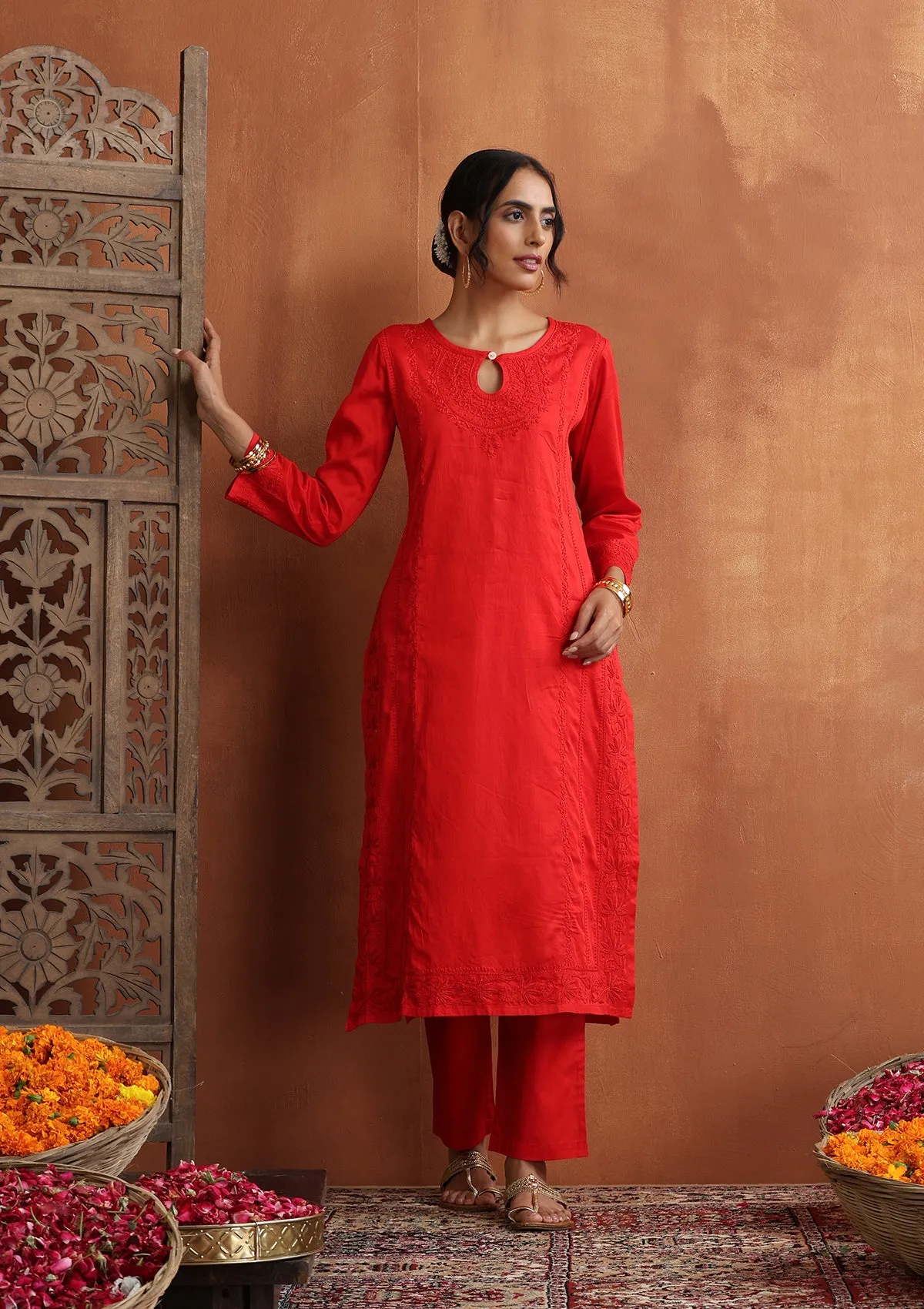 Jaam Silk Chikankari Solid Women's 2 PC Long Kurta Set - Red