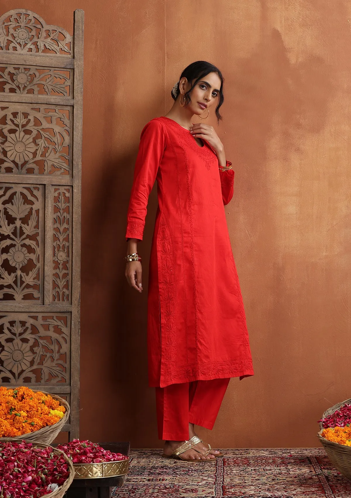 Jaam Silk Chikankari Solid Women's 2 PC Long Kurta Set - Red