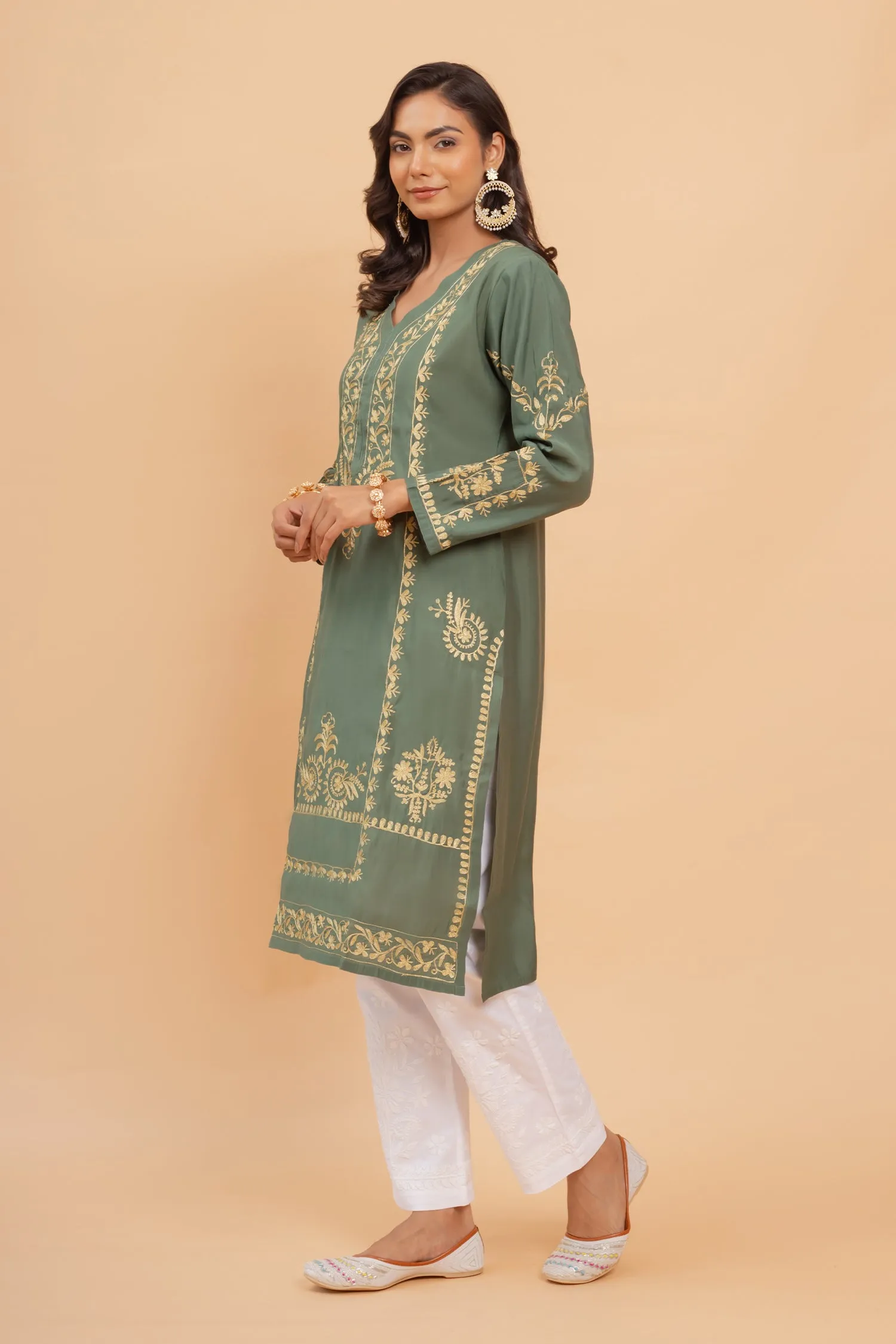 Kanchan in Saba Gold Zari Work Long Kurta In Muslin - Bottle Green