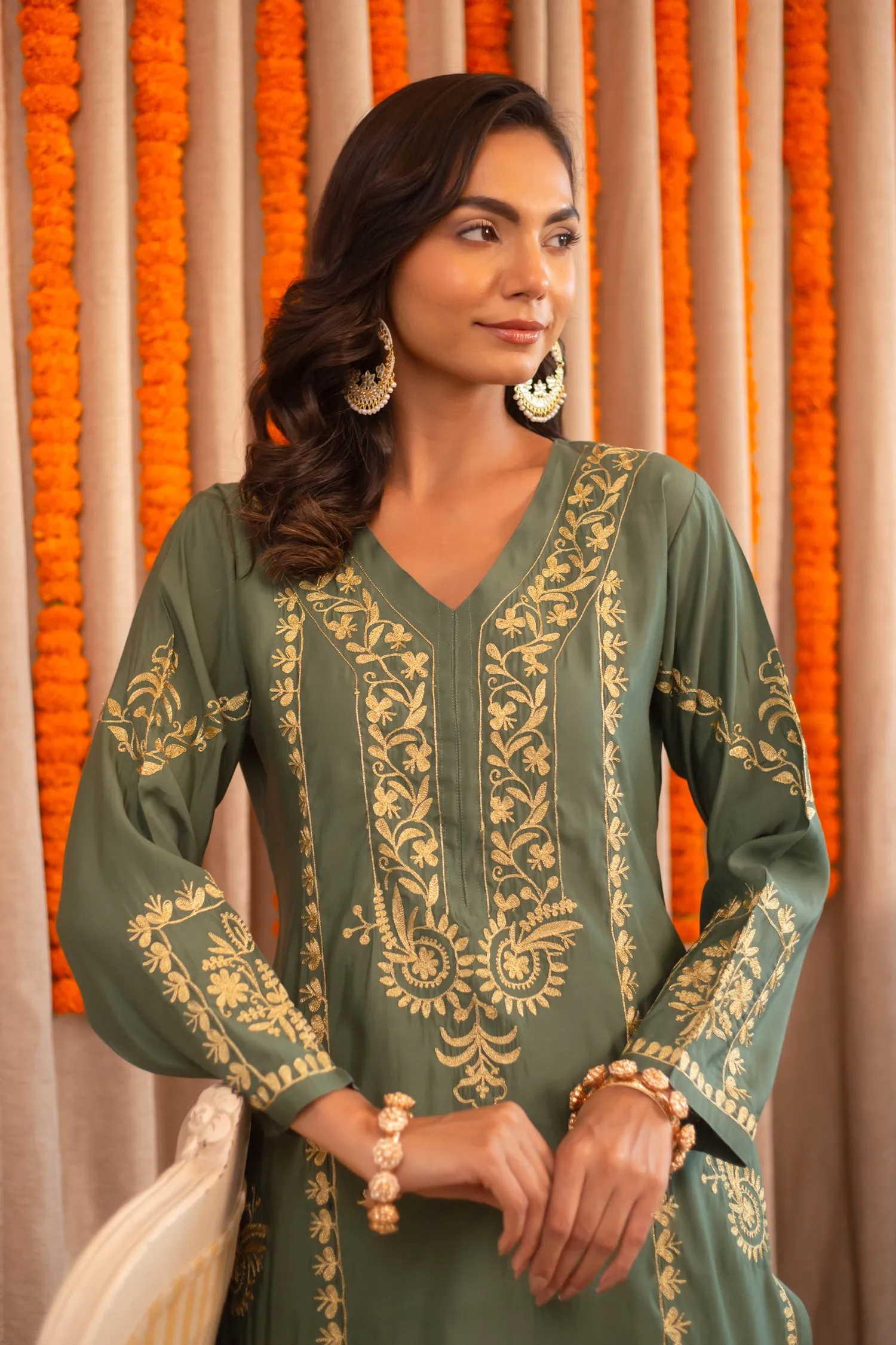 Kanchan in Saba Gold Zari Work Long Kurta In Muslin - Bottle Green