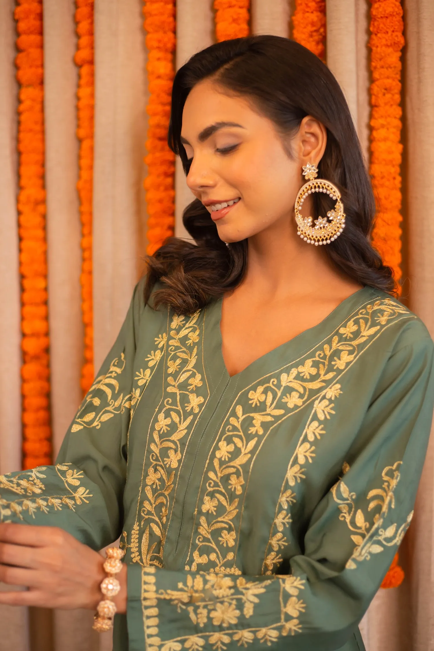 Kanchan in Saba Gold Zari Work Long Kurta In Muslin - Bottle Green