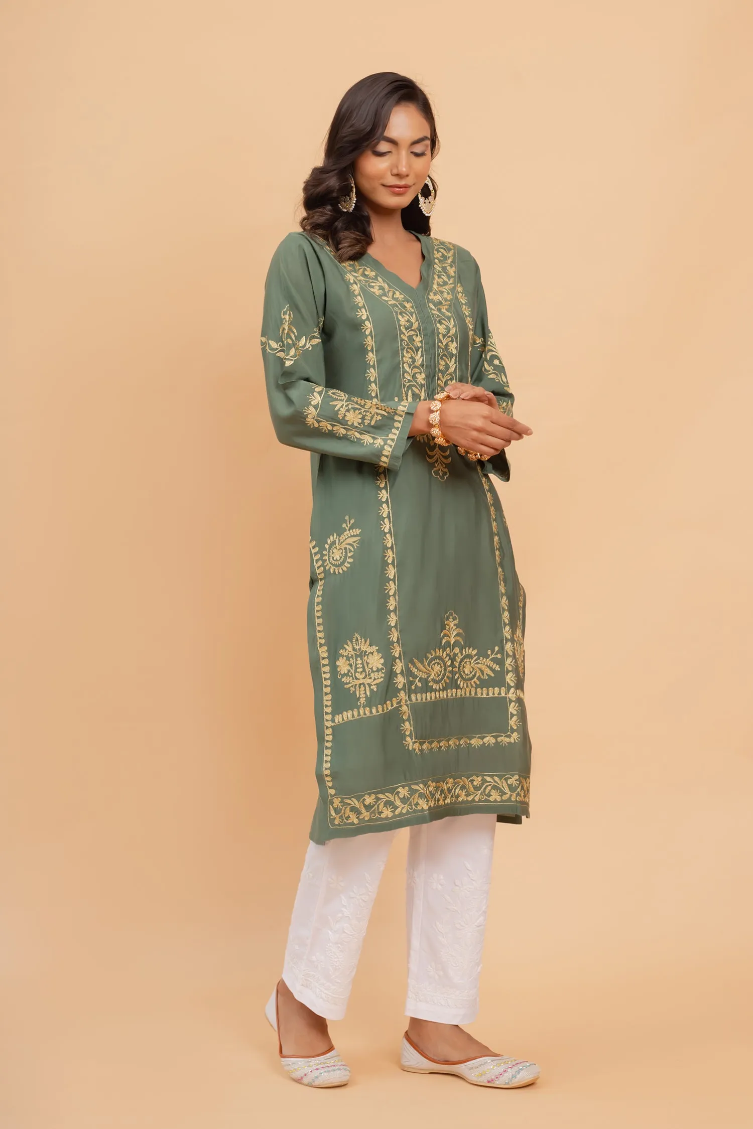 Kanchan in Saba Gold Zari Work Long Kurta In Muslin - Bottle Green