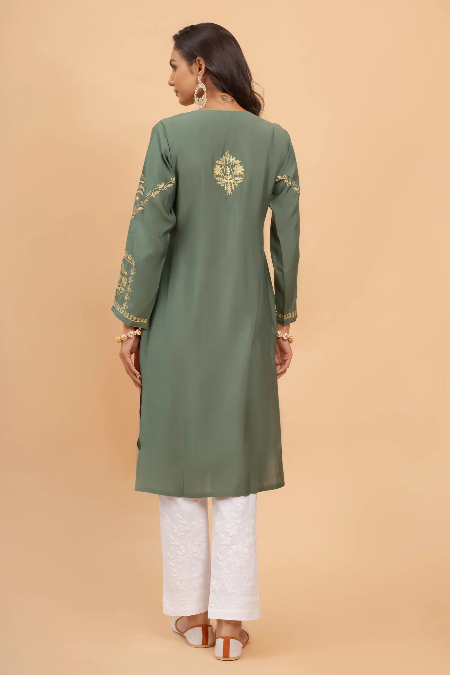 Kanchan in Saba Gold Zari Work Long Kurta In Muslin - Bottle Green