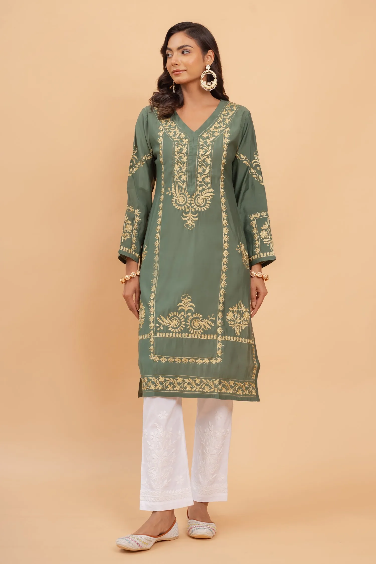 Kanchan in Saba Gold Zari Work Long Kurta In Muslin - Bottle Green