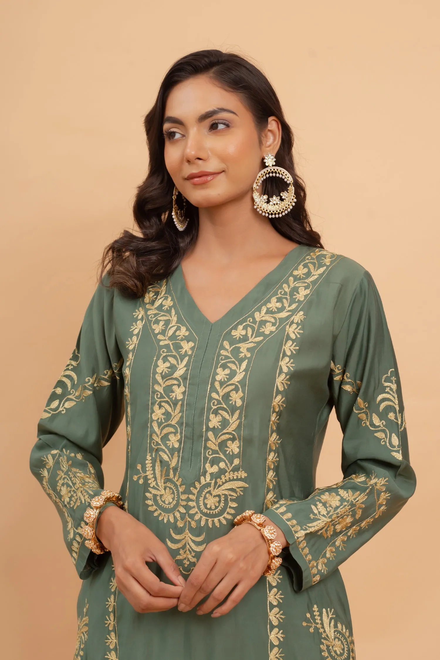 Kanchan in Saba Gold Zari Work Long Kurta In Muslin - Bottle Green