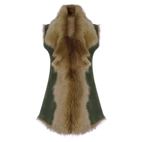 Ladies Women Real Spanish Shearling Sheepskin Toscana Olive Long Waistcoat Gilet