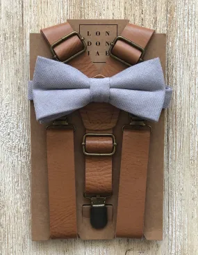 Light Brown Suspenders with Light Grey Cotton Bow Tie Set