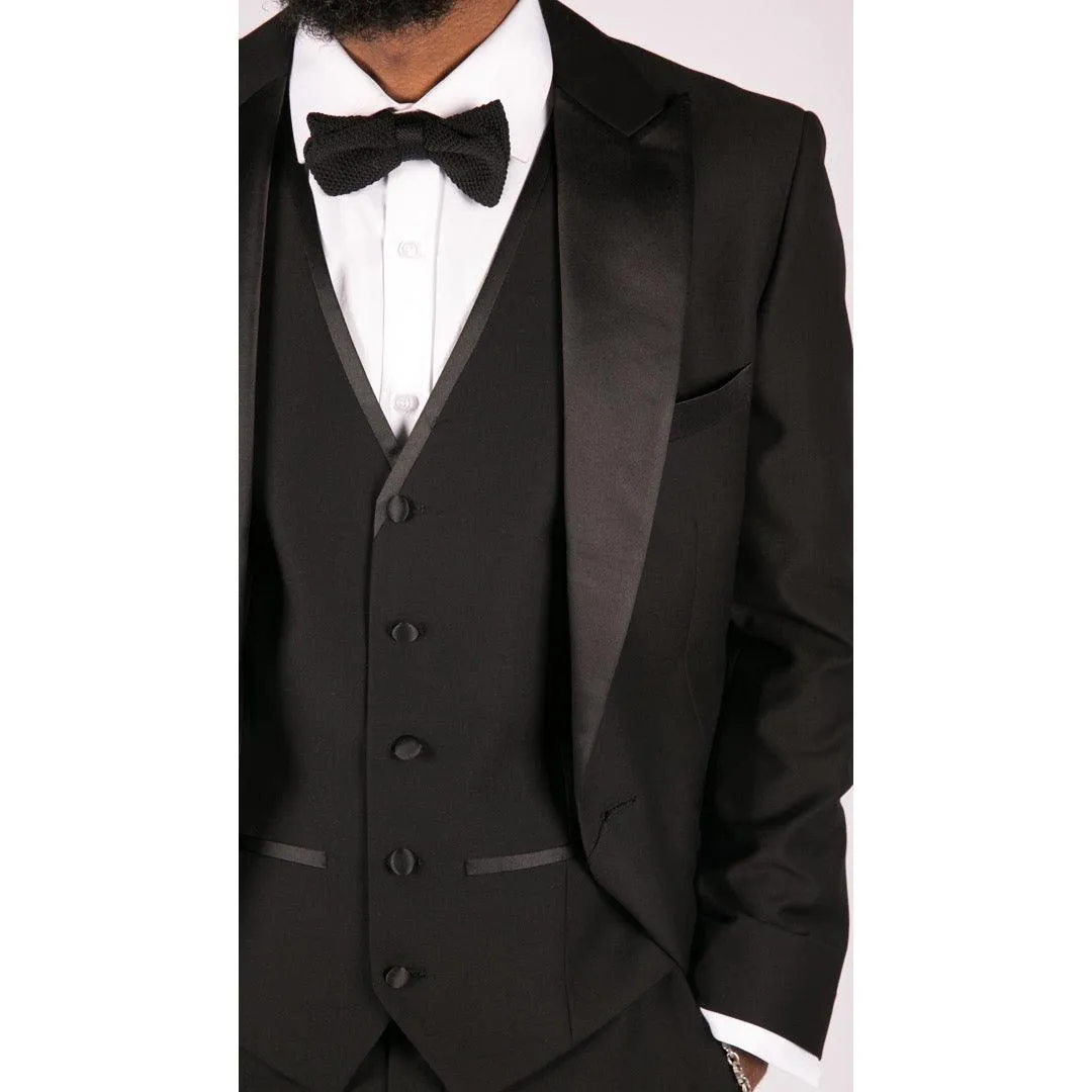 Mens 3 Piece Black Classic Satin Tuxedo Dinner Suit Tailored Fit Wedding Prom