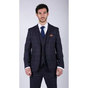 Mens 3 Piece Blue Suit Herringbone Tweed Check Tailored Fit 1920s Wedding Prom