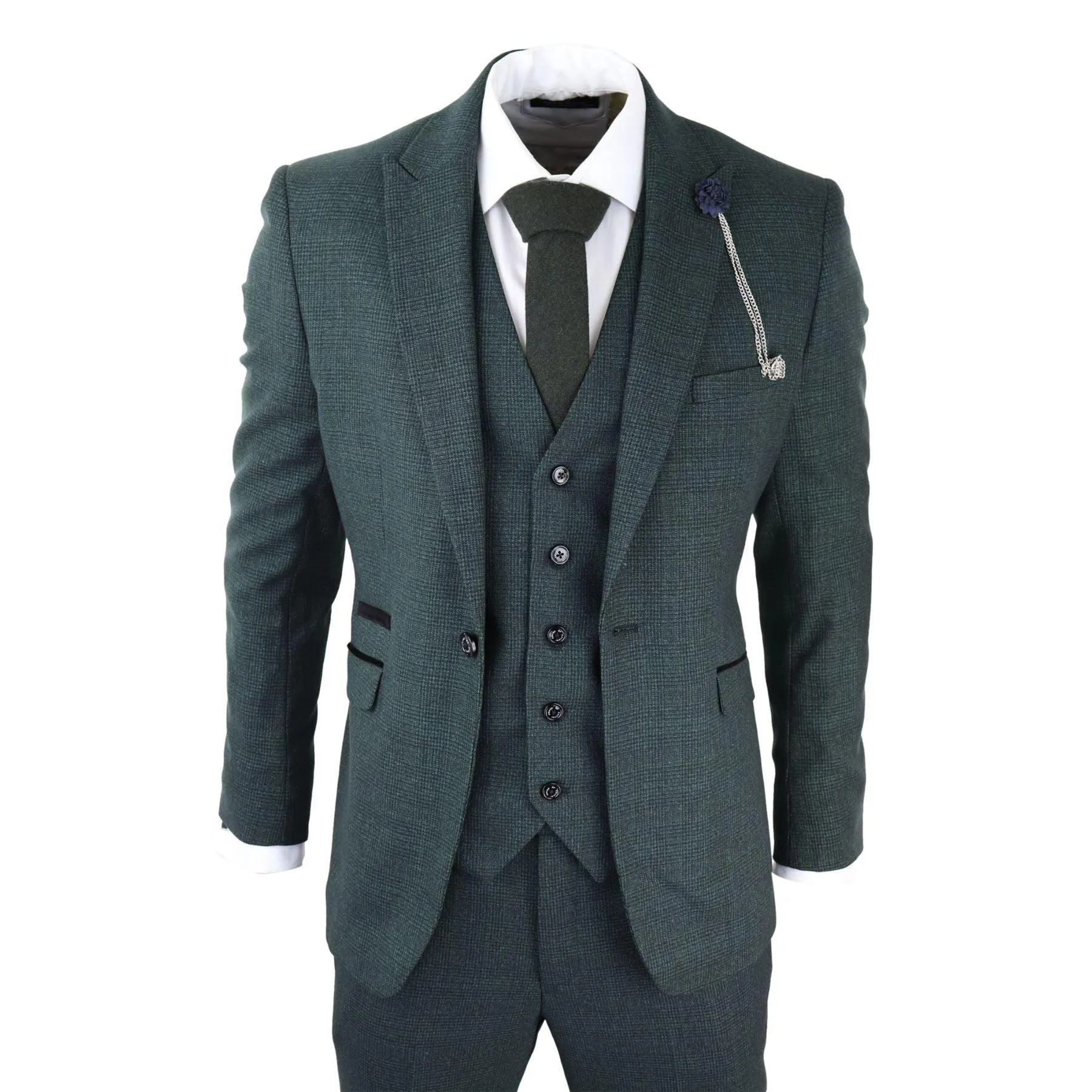 Mens 3 Piece Check Suit Tweed Olive Green Tailored Fit Wedding Peaky Classic