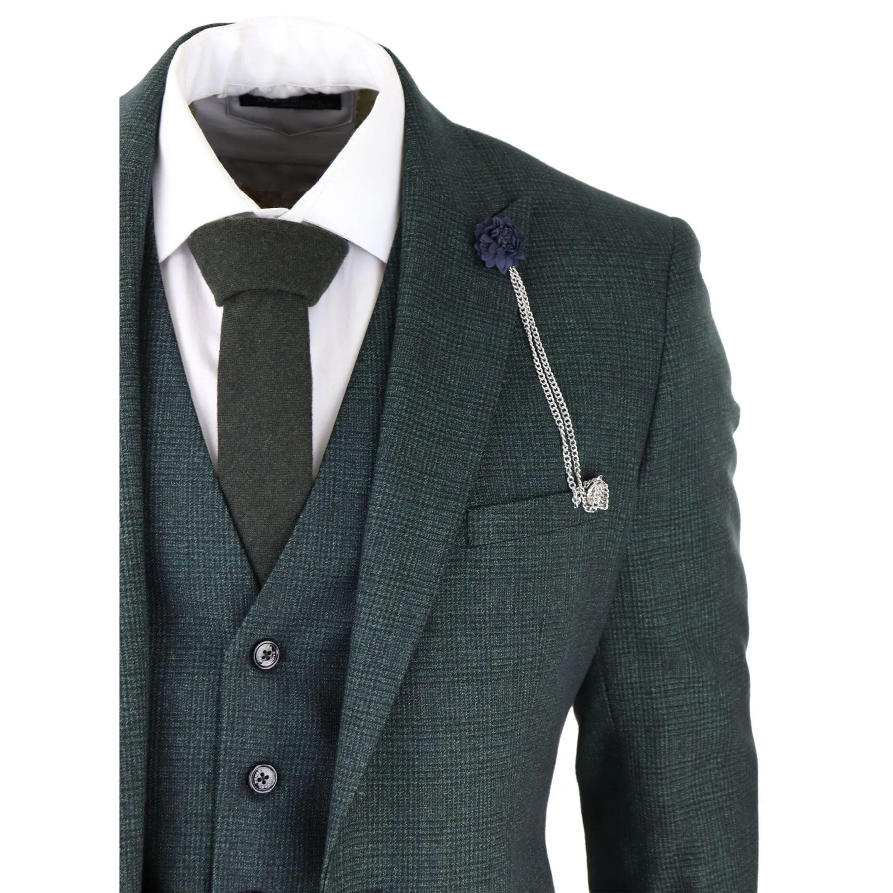 Mens 3 Piece Check Suit Tweed Olive Green Tailored Fit Wedding Peaky Classic