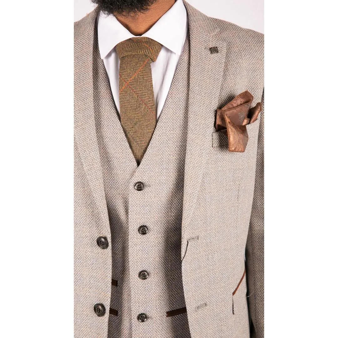 Mens 3 Piece Cream Suit Tweed Check Vintage Retro Tailored Fit 1920s