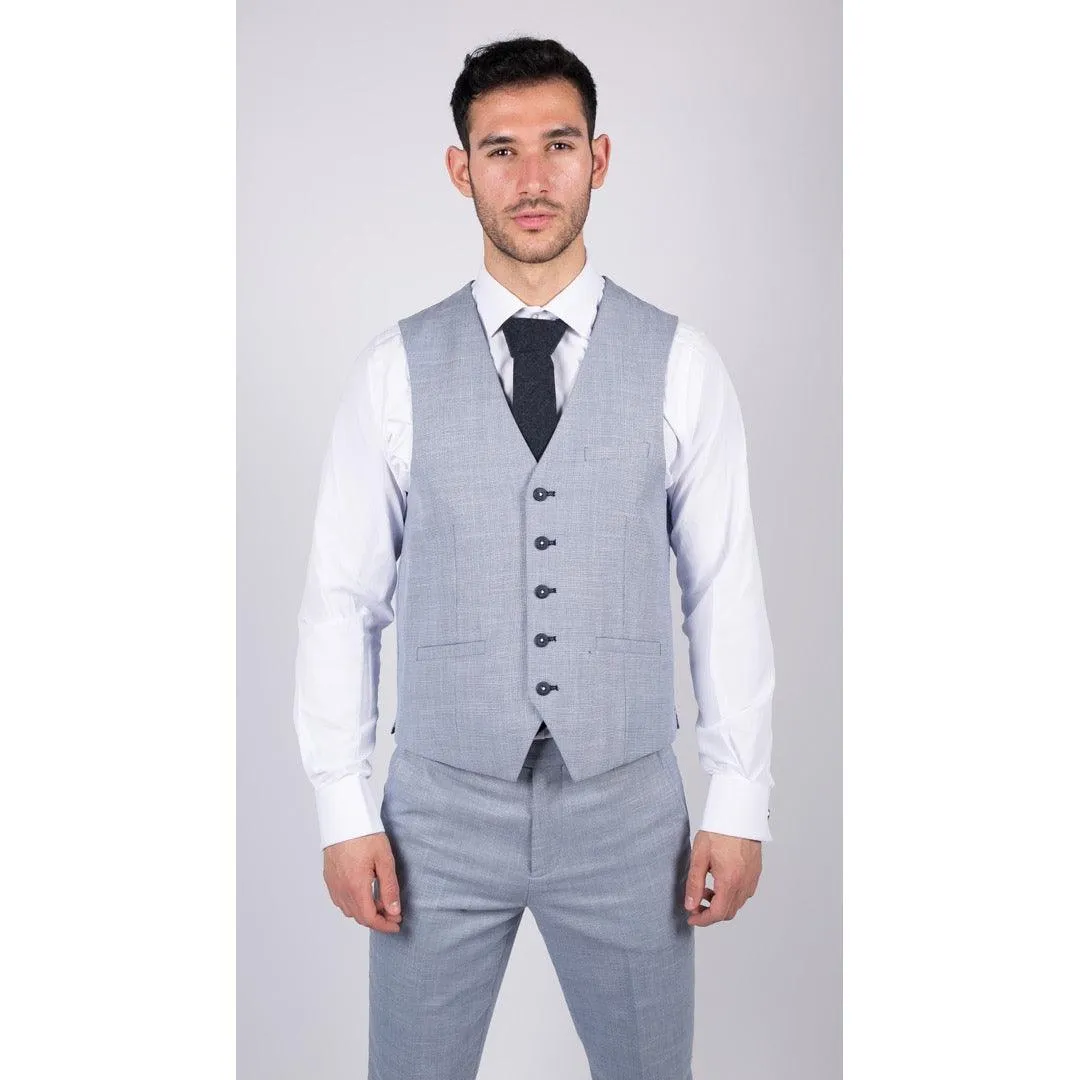 Mens 3 Piece Suit Light Blue Summer Linen Tailored Fit Wedding Prom Classic