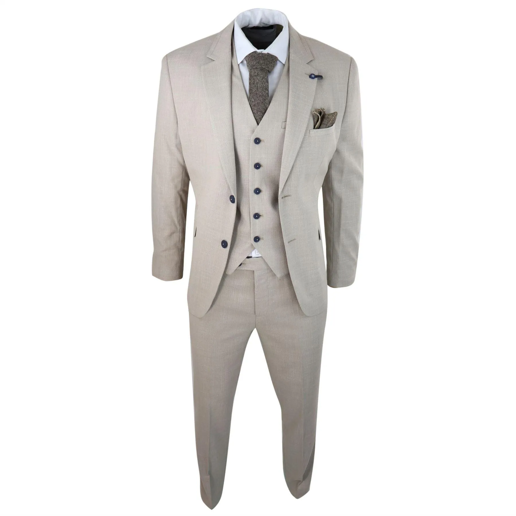 Mens 3 Piece Suit Linen Beige Cream 2 Button Tailored Fit Classic Retro