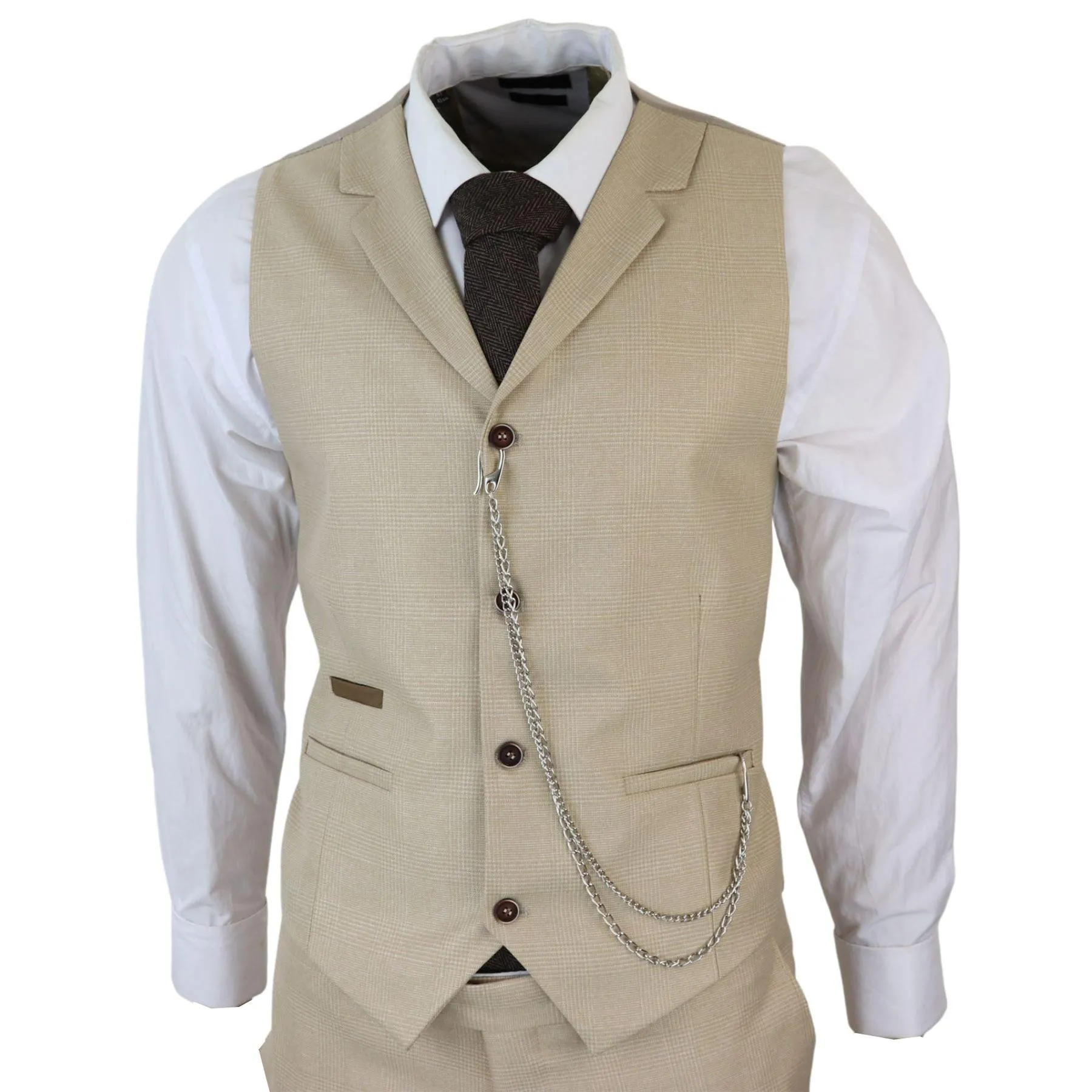 Mens 3 Piece Suit Prince Of Wales Check Cream Beige Tailored Fit Vintage Wedding