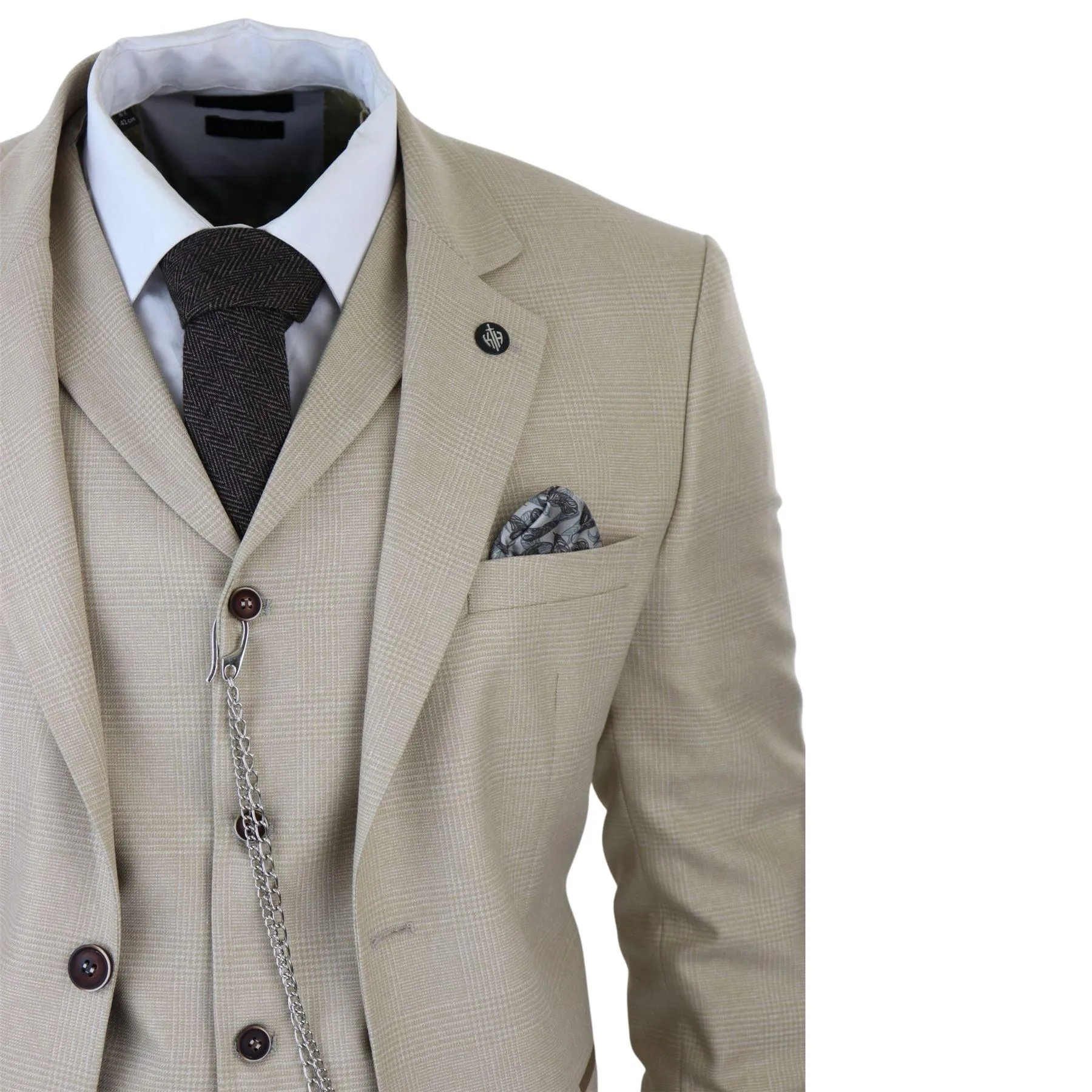 Mens 3 Piece Suit Prince Of Wales Check Cream Beige Tailored Fit Vintage Wedding