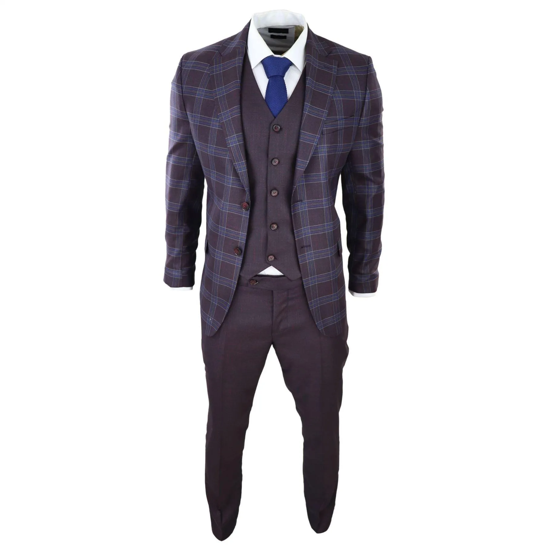 Mens 3 Piece Suit Purple Blue Check Check Contrasting Waistcoat Trouser Wedding