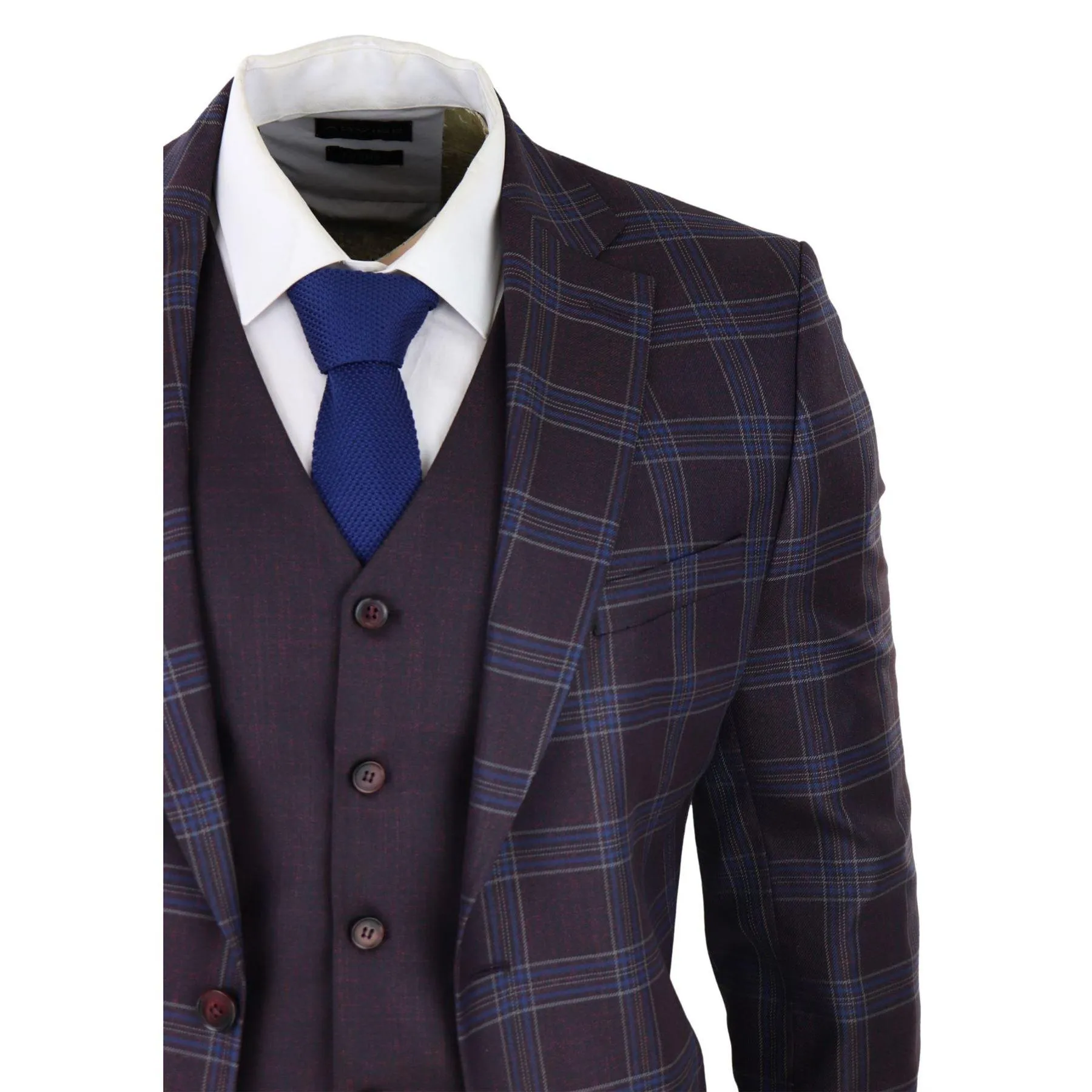 Mens 3 Piece Suit Purple Blue Check Check Contrasting Waistcoat Trouser Wedding