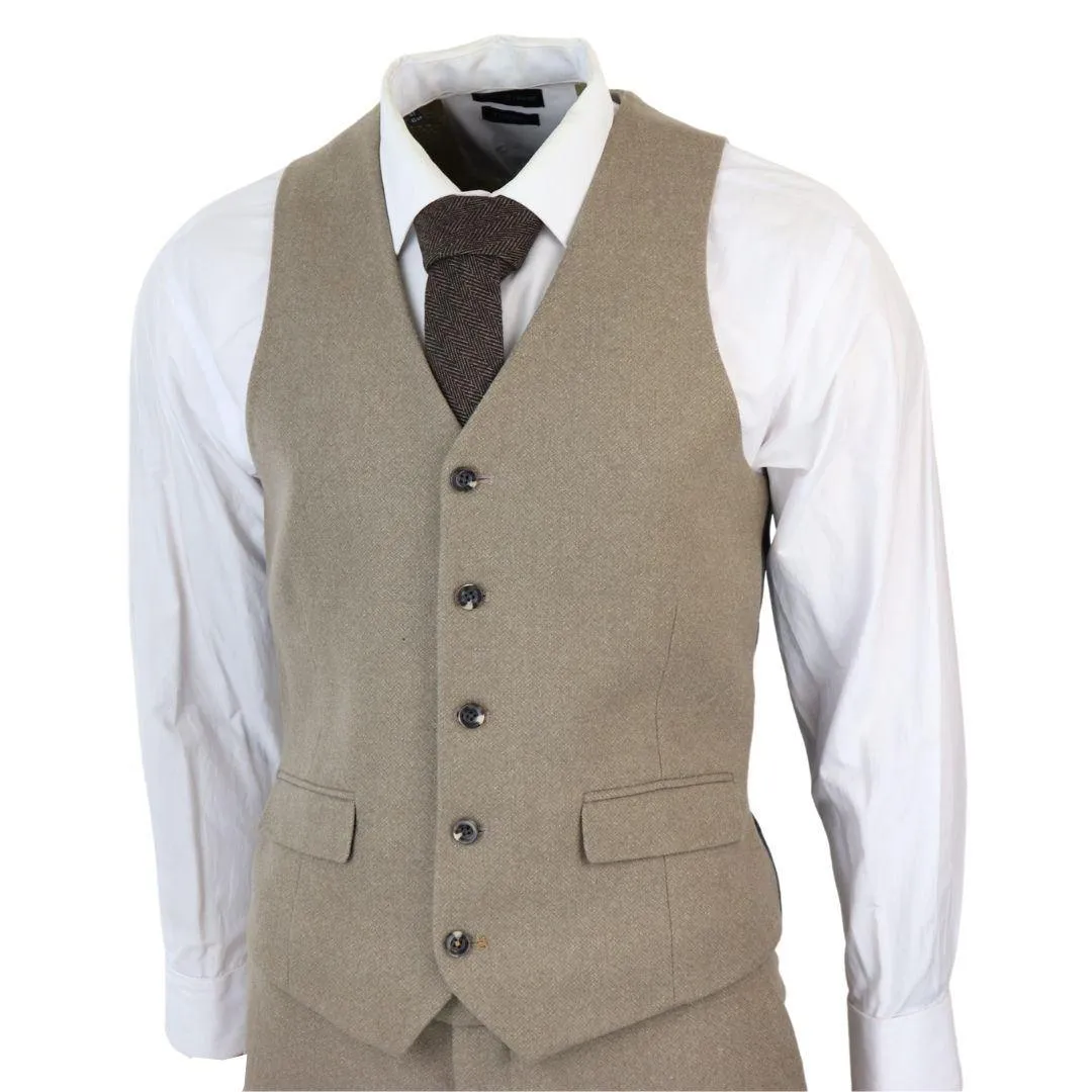 Men's Beige 3 Piece Suit Tweed Wool Herringbone Formal Business Dress Suits