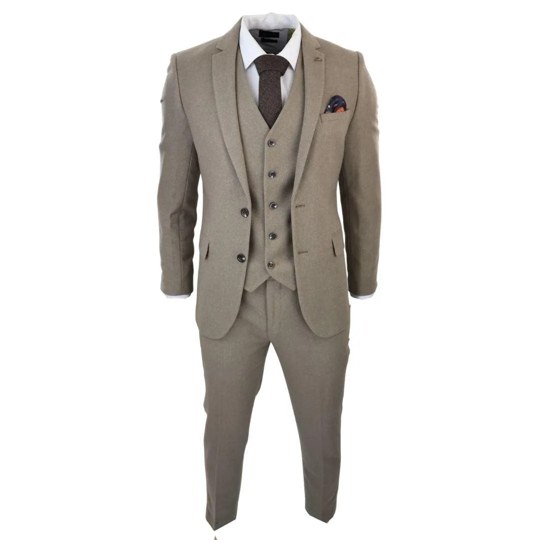 Men's Beige 3 Piece Suit Tweed Wool Herringbone Formal Business Dress Suits