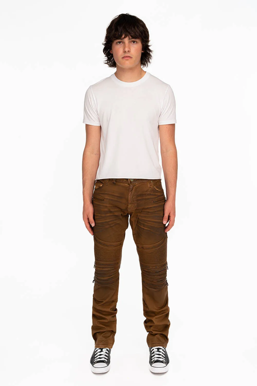 MEN'S BIKER SLIM JEANS IN SUEDE KHAKI COATING