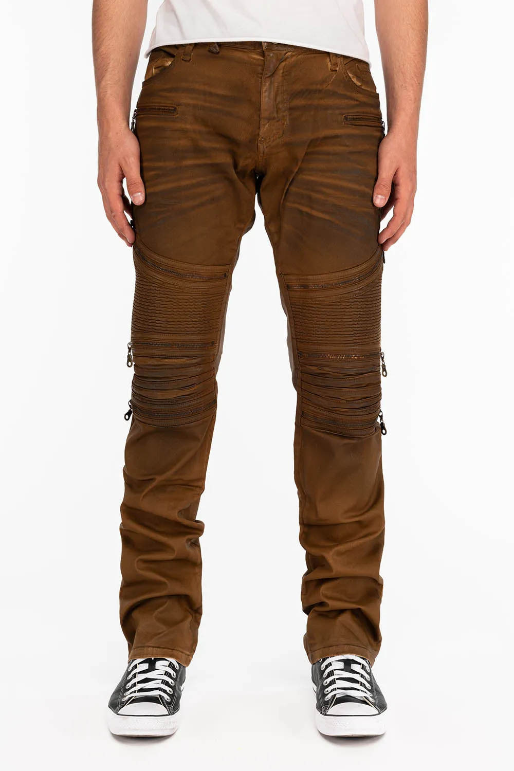 MEN'S BIKER SLIM JEANS IN SUEDE KHAKI COATING