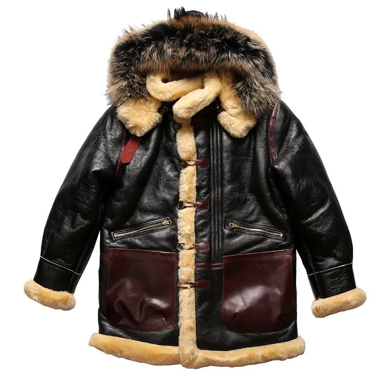 Men's Black B7 Bomber Shearling Sheepskin Long Jacket Coat