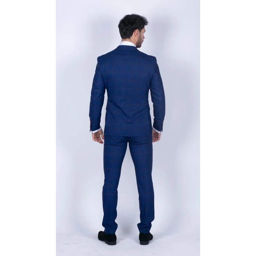 Mens Blue Brown Check 3 Piece Suit Tailored Fit Wedding Prom Races Prince Of Wales