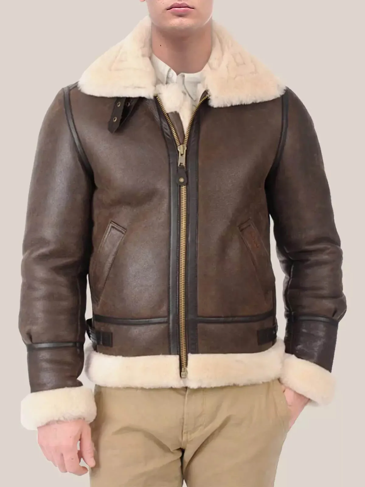 Men's Brown B3 Shearling Aviator Sheepskin Leather Bomber Jacket