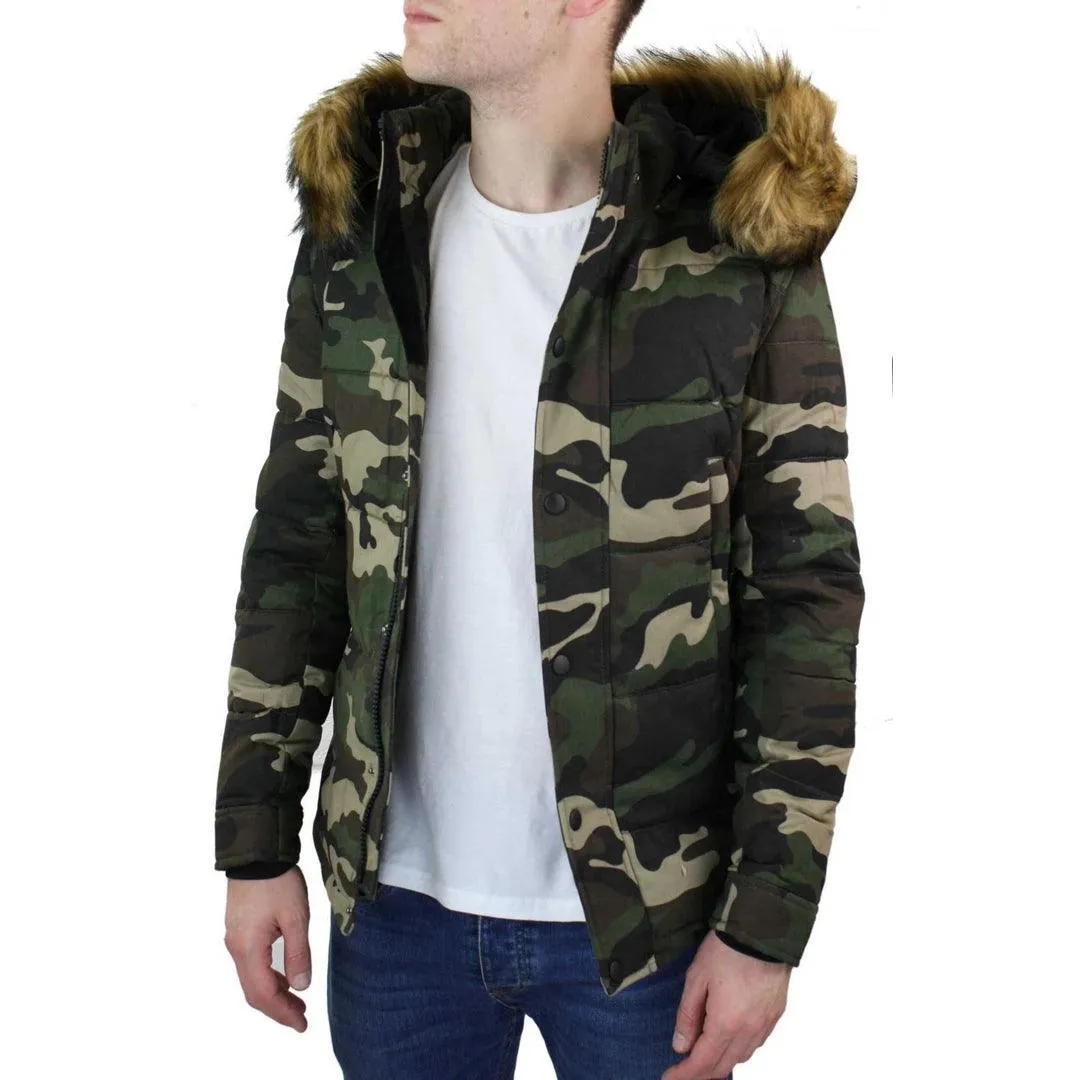 Mens Camo Camouflage Quilted Padded Puffer Jacket Hood Fur Removable