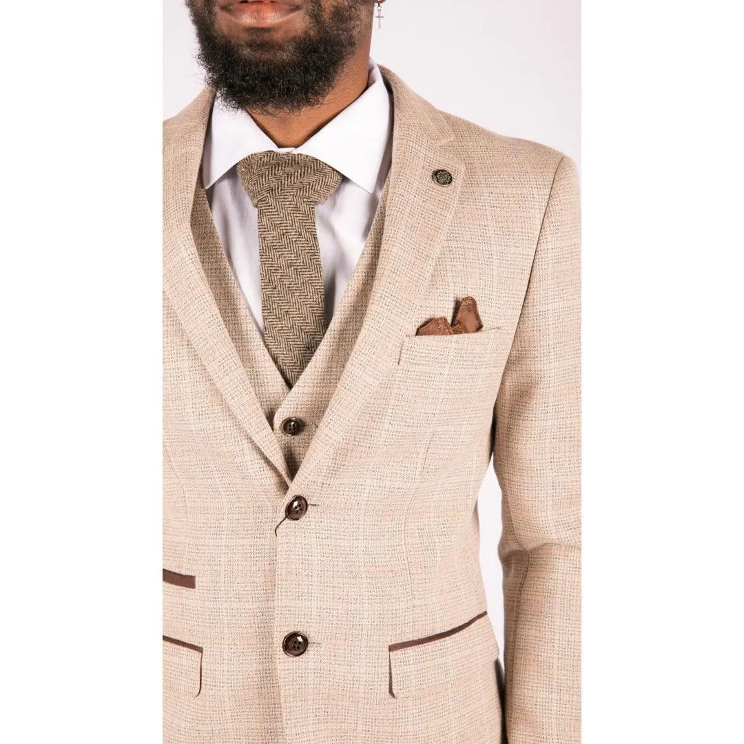 Mens Check Tweed Beige Brown 3 Piece Suit Wedding Prom Vintage Retro Classic