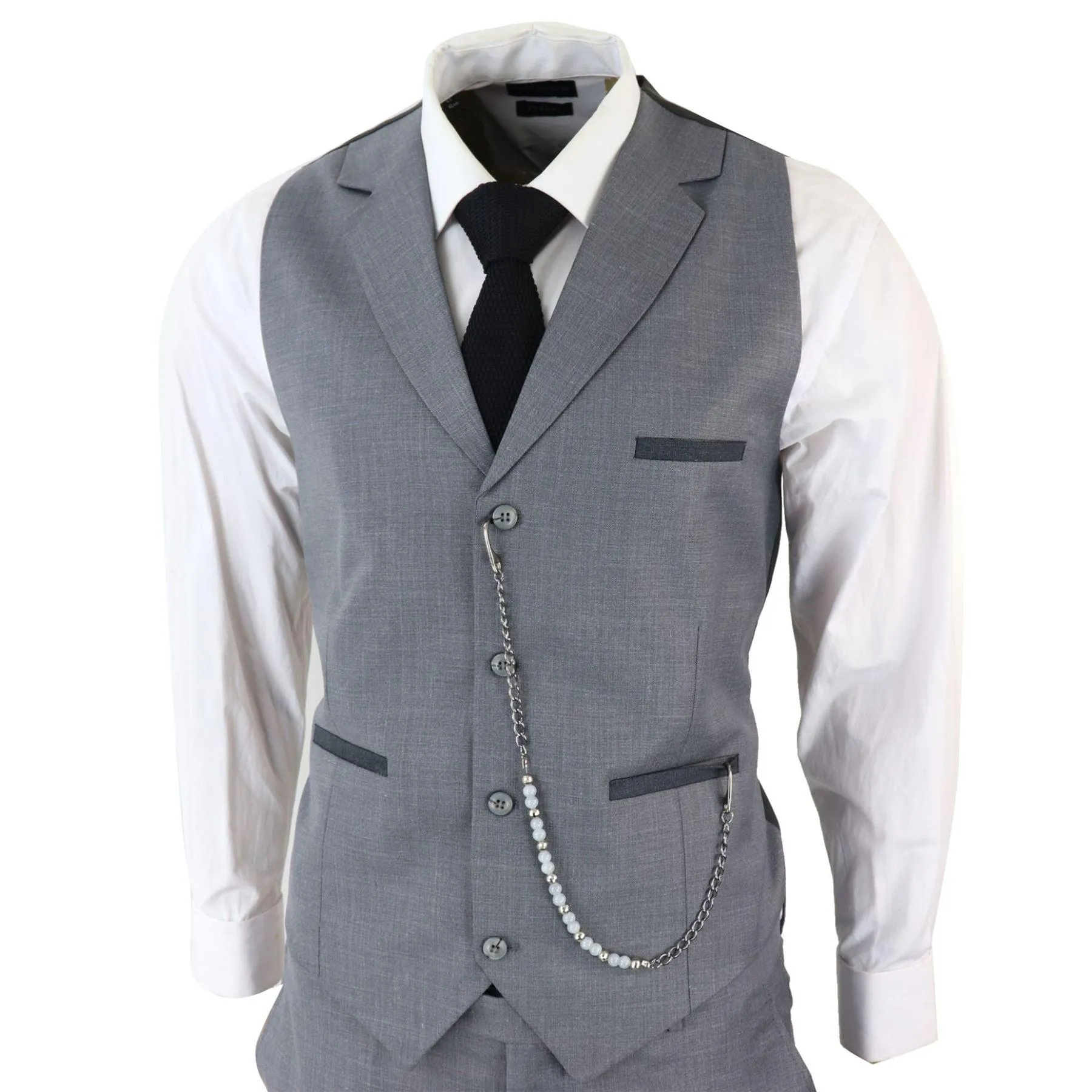 Mens Classic 3 Piece Suit Grey Pocket Chain Wedding Tailored Fit Vintage Formal